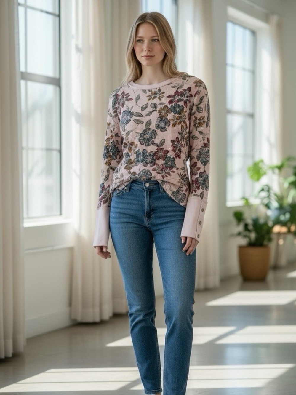 Sundance Thermal Top Womens M Pink Floral Waffle Knit Long Sleeve Henley